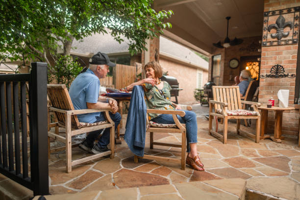 Covered patio with comfortable seating