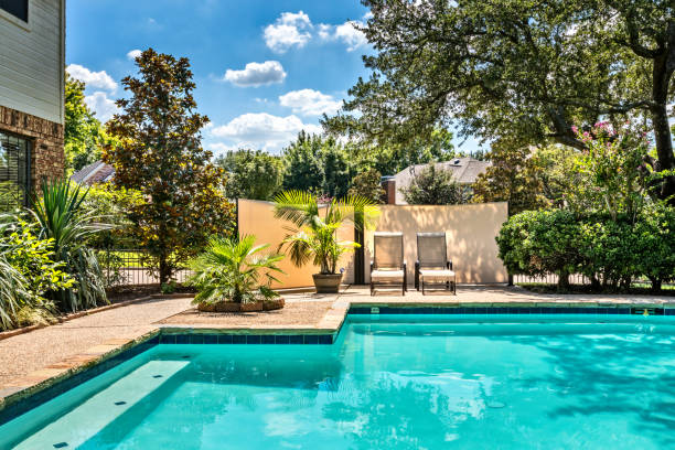 Elegant pool surrounded by lush garden