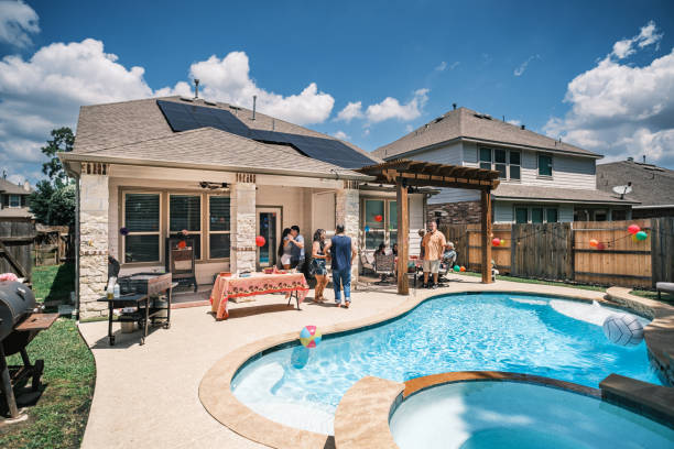Backyard pool party with guests