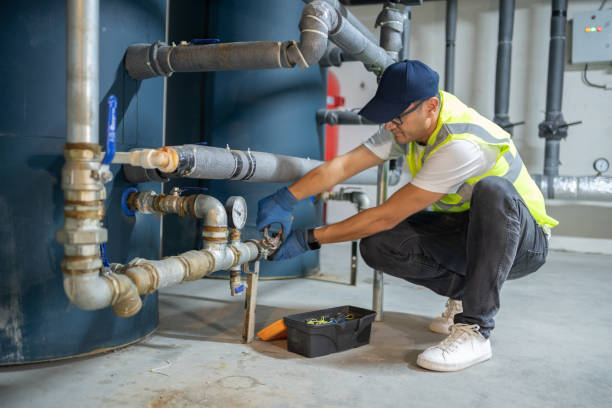 Plumber performing industrial pipe maintenance